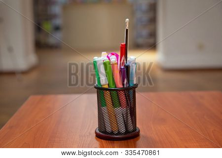 Box For Pens And Pencils . Colored Pencils In A Pencil Case On The Wooden Table . Color Pencils In B