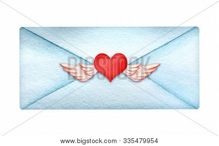 Decorative Element. Blue Stretched Closed Envelope. Seal Big Bright Red Winged Heart. Valentines Day
