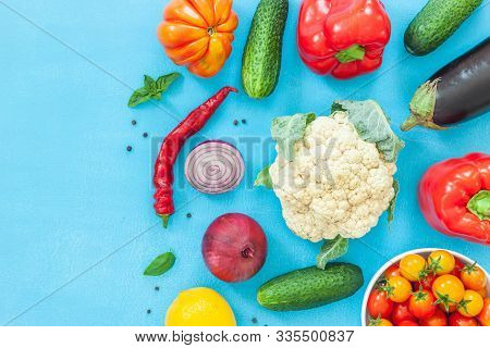 Healthy Food. Assortment Vegetables On Black Lilak Background. Top View. Copy Space. Composition Wit