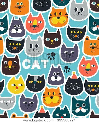 Endless Wallpaper With Cats Stickers On Blue Sky Background.