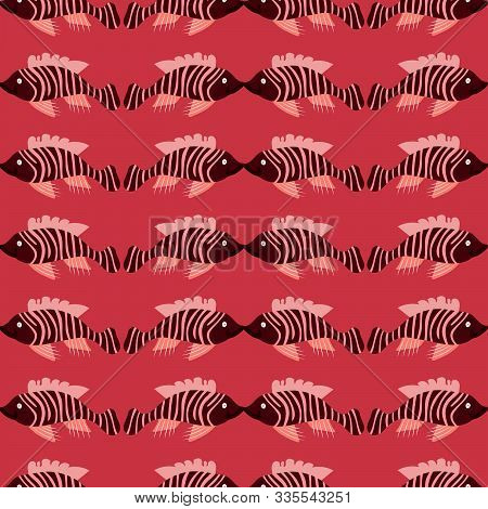 A Blender Repeat Print Tile Of Fish In Peach And Purple Color Scheme. It Is A Vector Pattern.