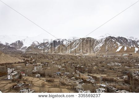 View Landscape And Cityscape Of Leh Ladakh Village With High Mountain Range From Viewpoint Shanti St