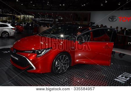 Paris, France - October 02, 2018: Toyota Corolla Hybrid Hatchback At Paris Motor Show