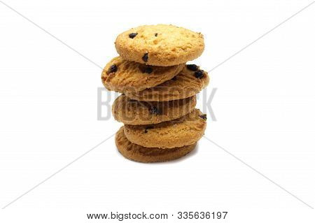 Chocolate Chip Cookies Isolated On White Background. Pile Of Weet Biscuits Delicious And Crunchy Hom