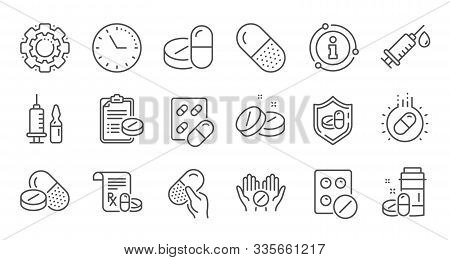 Medical Drugs Line Icons. Healthcare, Prescription And Pill Signs. Pharmacy Drugs, Recipe Pill Icons