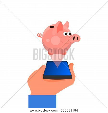 Caucasian Human Hand Holding Smart Phone With Pink Piggy Bank Icon Over It. Concept Of Financial Ban
