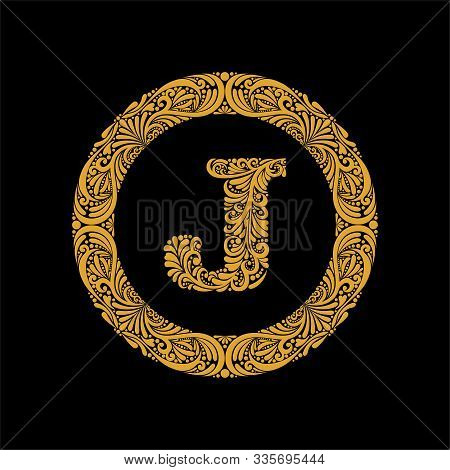 Premium, Elegant Capital Letter J In A Round Frame Is Made Of Floral Ornament. Baroque Style.elegant