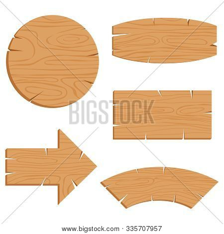 Wooden Planks Set, Vector Illustration Isolated On White Background. Cartoon Wood Texture For Signs 