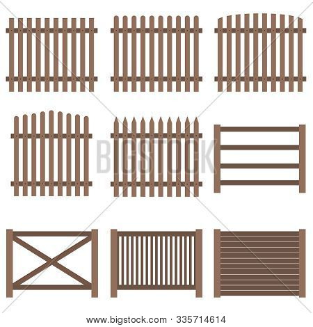 Fence, A Set Of Wooden Fence Brown. Flat Design
