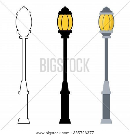 Outline, Black Silhouette, Cartoon Streen Lights Set Isolated On White Background. Vintage Street Li