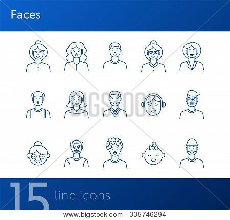Faces Icons. Set Of Line Icons On White Background. Young Man, Boy, Mid Adult Man. People Concept. V