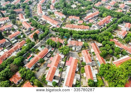 Caotun, Taiwan - October 31th, 2019: aerial view of street scenery with old house and trees at Zhongxing New Village, Nantou, Taiwan