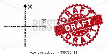 Mosaic Cartesian Axes And Corroded Stamp Seal With Draft Caption. Mosaic Vector Is Created With Cart