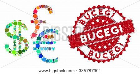 Mosaic Currencies And Rubber Stamp Seal With Bucegi Phrase. Mosaic Vector Is Formed With Currencies 