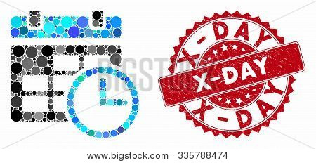 Mosaic Date And Time And Distressed Stamp Watermark With X-day Phrase. Mosaic Vector Is Formed With 