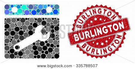 Mosaic Date Options And Grunge Stamp Watermark With Burlington Text. Mosaic Vector Is Composed With 