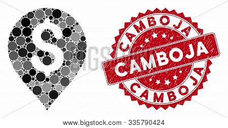 Mosaic Dollar Map Marker And Grunge Stamp Seal With Camboja Text. Mosaic Vector Is Designed From Dol