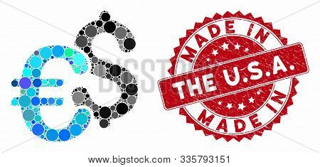 Mosaic Euro Dollar Currency And Corroded Stamp Seal With Made In The U.s.a. Text. Mosaic Vector Is D
