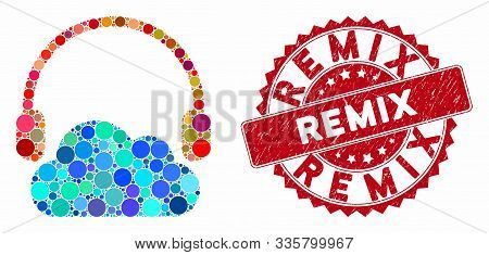 Mosaic Listen Cloud And Rubber Stamp Seal With Remix Text. Mosaic Vector Is Composed From Listen Clo