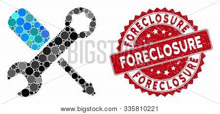 Mosaic Tools And Grunge Stamp Seal With Foreclosure Phrase. Mosaic Vector Is Designed With Tools Ico