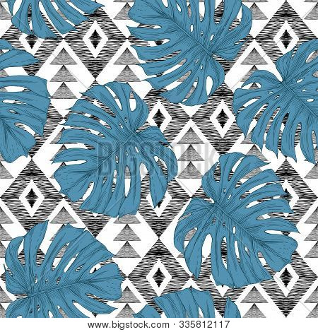 Blue Leaves Of Monstera On A Graphic Background. Separate Leaves Of A Plant On A White Background Wi