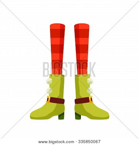 Female Xmas Elf Legs Flat Vector Illustration. Christmas Leprechaun, Pixie Cartoon Character. Santa 