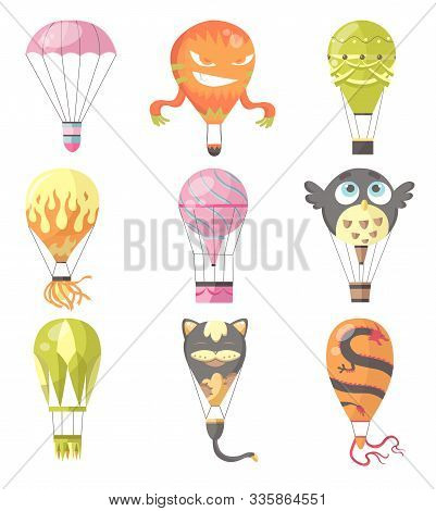 Flat Illustration Of Hot Air-balloons. Collection Of Diferent Typs Romantic, Cartoon Animals And Bur