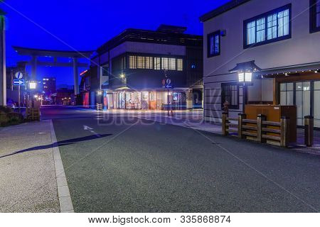 Takayama, Japan - October 2, 2019: Night View Of Traditional Japanese Houses In The Old Township Of 