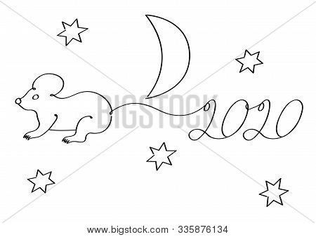 The Symbol Of The New Year, The Rat Is Approaching The Starry Sky And Carries 2020 On Its Tail. Isol