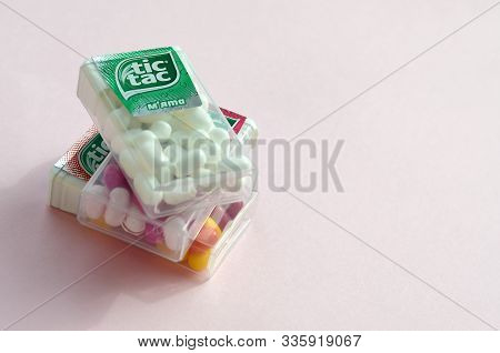 Many Tic Tac Candy Packages Close Up. Tic Tac Is Popular Due Its Minty Fresh Taste And Easy To Carry