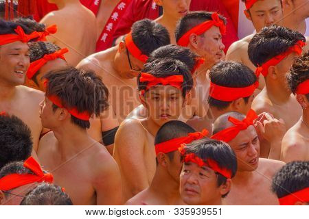 Himeji, Japan - October 14, 2019: Men In Traditional Dressing Take Part In The Nada No Kenka Festiva