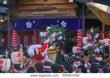 Himeji, Japan - October 15, 2019: Traditional Dance Of Hair Lion Ceremony (shishimai), Performed By 