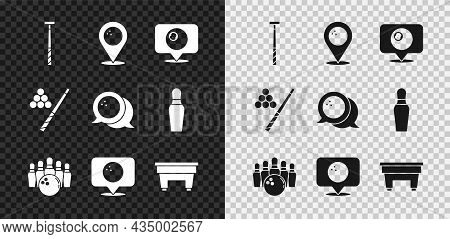 Set Billiard Cue, Location With Bowling Ball, Billiard, Bowling Pin And, Table, And Icon. Vector