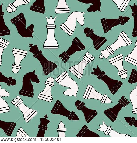 Seamless Chess Background. Chess Elements Seamless Pattern. Background With Complete Set Of Chess Pi
