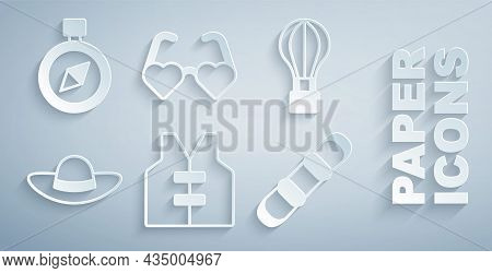 Set Life Jacket, Hot Air Balloon, Elegant Women Hat, Snowboard, Heart Shaped Love Glasses And Compas