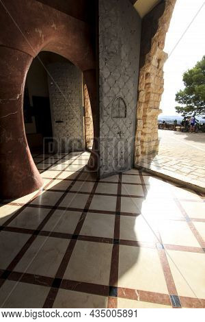 Novelda, Alicante, Spain- September 24, 2021: Details, Archs, Tower And Pictures Of Sanctuary Of San