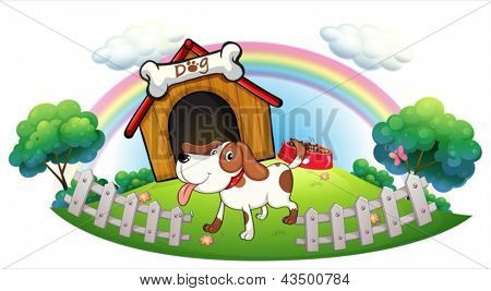 Illustrazione di una cuccia dentro il recinto con un cucciolo su sfondo bianco