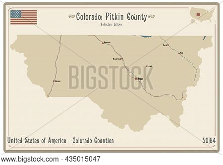 Map On An Old Playing Card Of Pitkin County In Colorado, Usa.