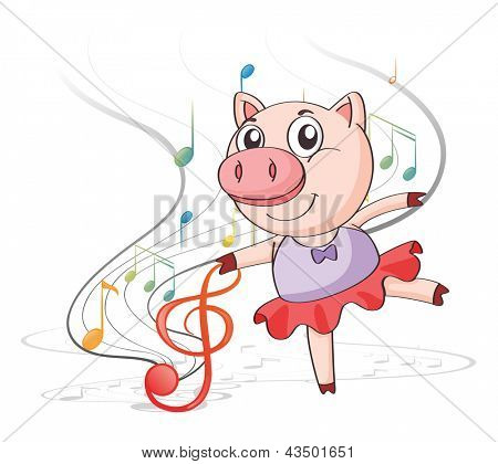 Illustratie van een varken dansen met muzikale noten op een witte achtergrond