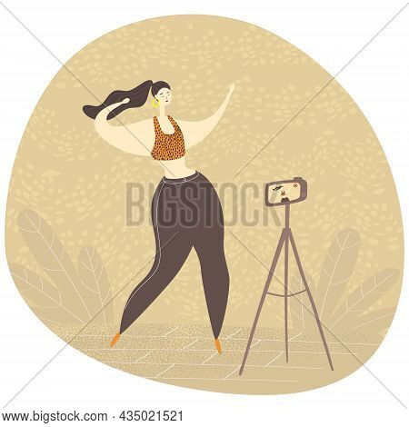 Creating Viral Dance Video For Social Media. Female Blogger Influencer Is Making Content For Her Blo