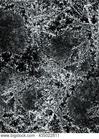 Frostwork Pattern Ice Crystals On Black Background. Dark Surface With Abstract Ice Structure Makes T