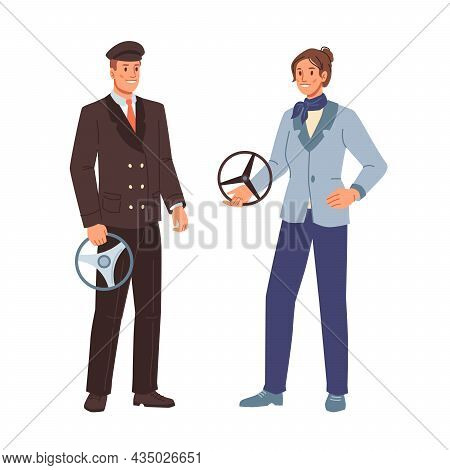 Drivers, Working Profession Of Man And Woman Isolated Cartoon Characters. Taxi Cab, School Bus Or Tr