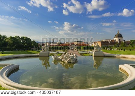 31 May 2019 Vienna, Austria - Belvedere Palace. Fountains Of Formal Garden. Nymphs And Syrenes Sculp