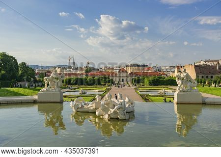 31 May 2019 Vienna, Austria - Belvedere Palace. Fountains Of Formal Garden. Nymphs And Syrenes Sculp