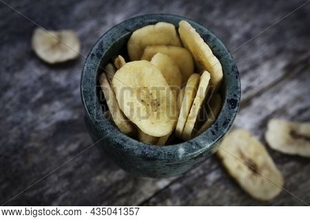 Dried Banana Chips Fried In Coconut Oil.