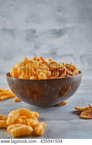 Dried Banana Chips Fried In Coconut Oil.