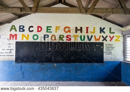 Decorated poor school classroom in Africa with no children