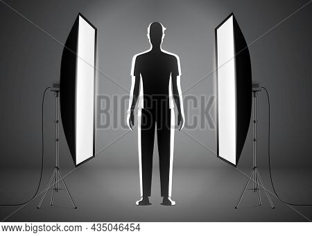 Man Model Standing Between Two Strip Softboxes.