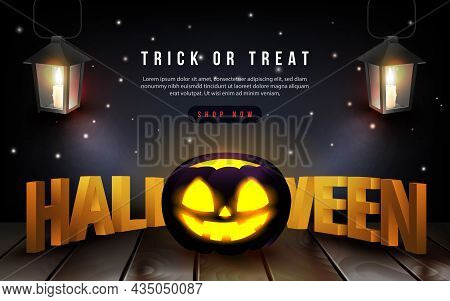 Happy Halloween 3d Title Typographic Text Realistic Scary Jack Lantern And Candle Vintage Hand Lamp 