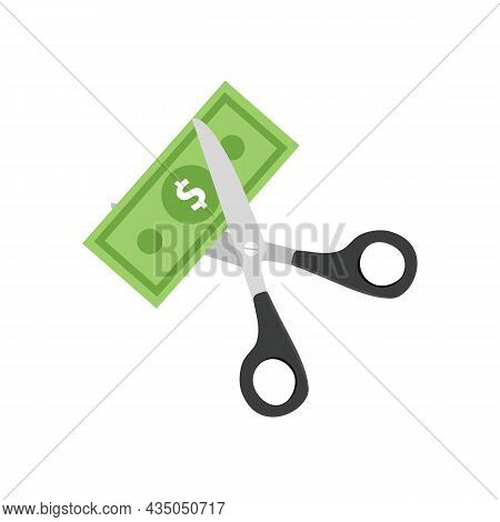 Scissors Cutting Money Isolated On White Background. Reducing Cost Concept. Vector Stock